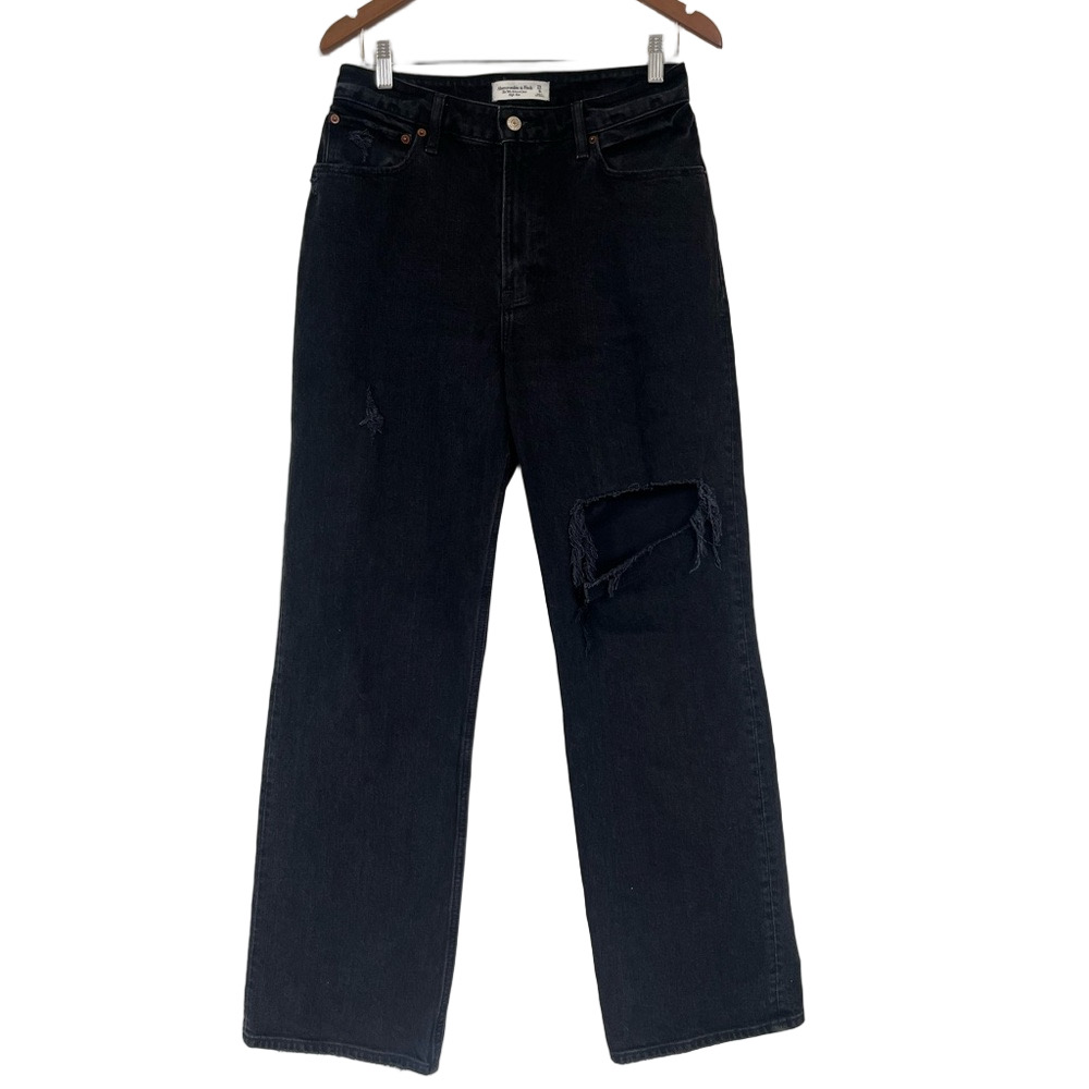 Abercrombie & Fitch 90s High Rise Distressed Jeans Knee Blowout Rip Black Denim